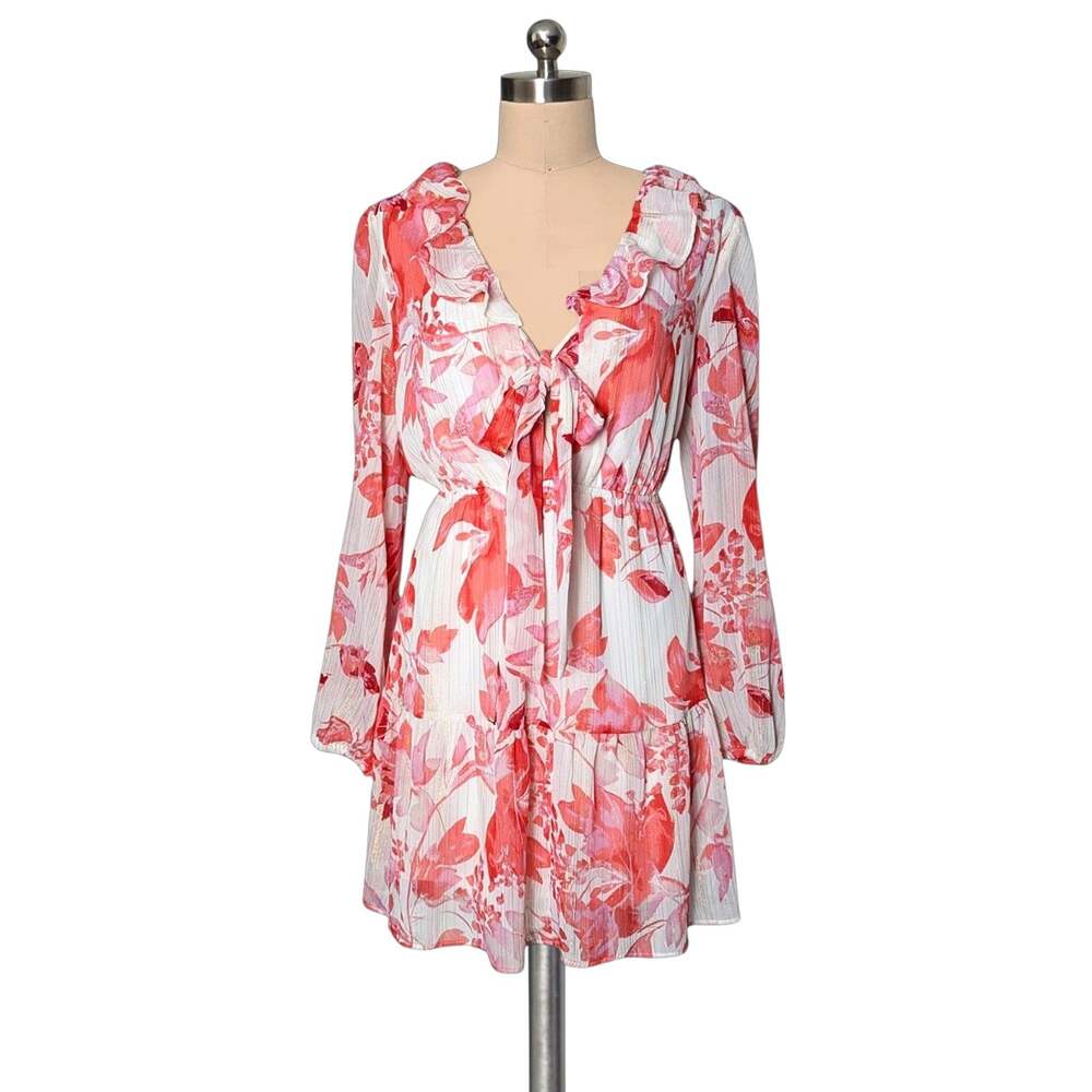 MIMI CHICA Flirty Keyhole Floral Metallic Gold Shimmer Red Print Ruffle Dress L